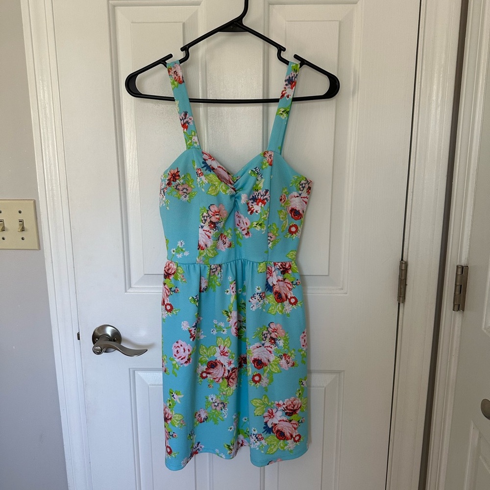 Blue Summer Dress with Pink and Green Floral Pattern